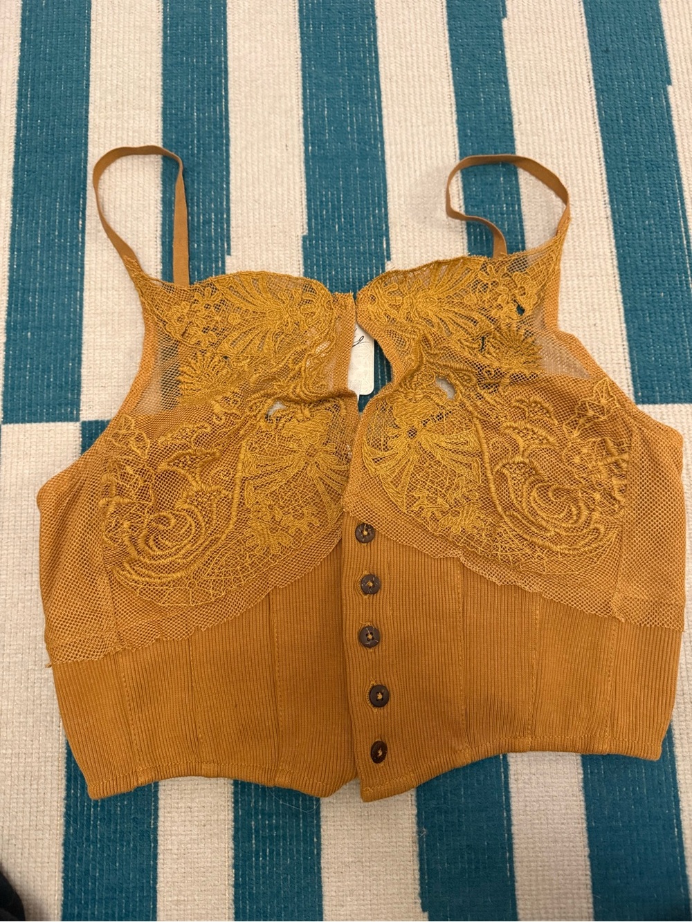 Free People Mustard Lace-Trim Ribbed Button-Front Cami